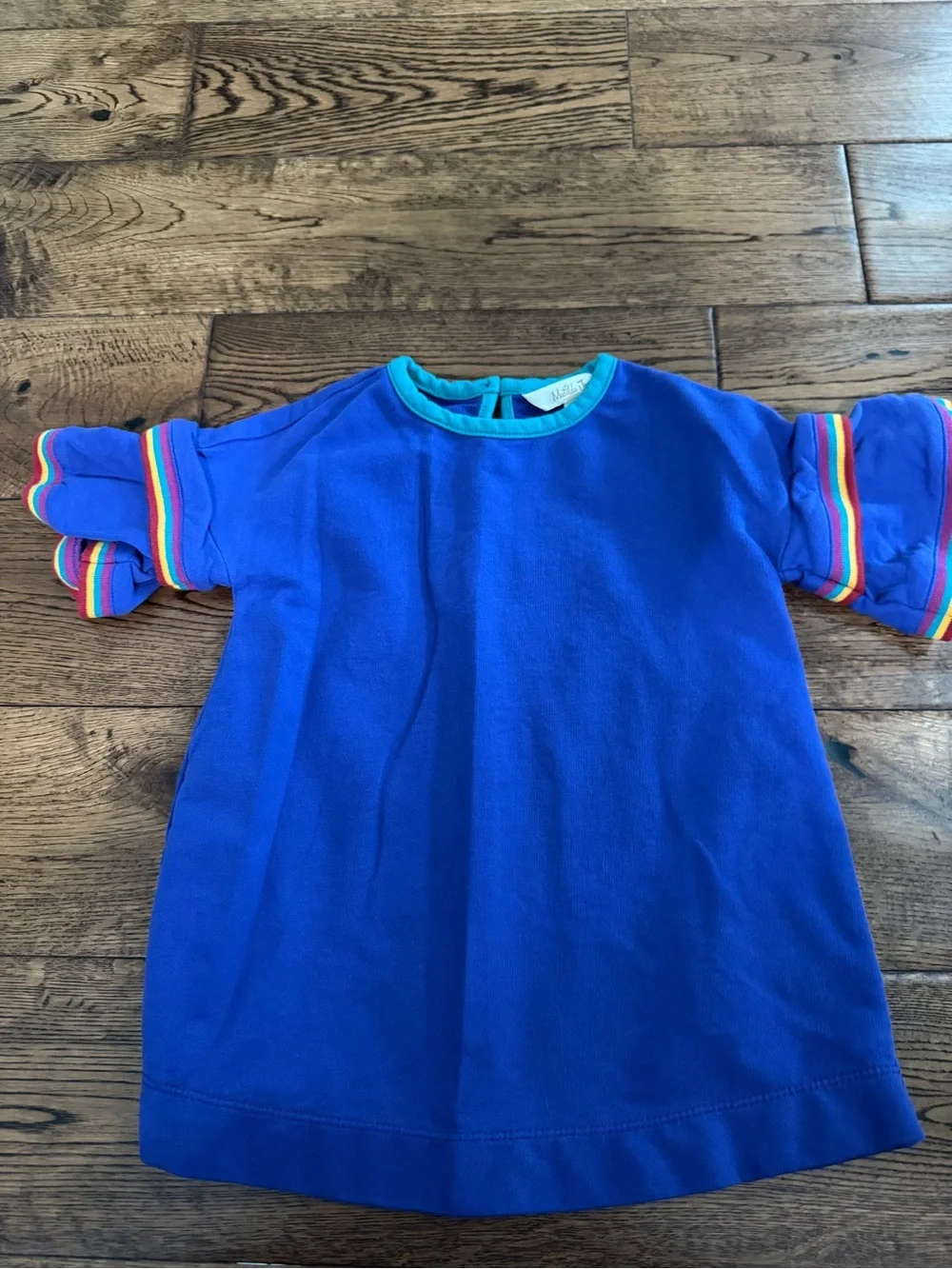 Matilda Jane Size 2 School Bell Dress Blue with Rainbow Stripe Ruffle Sleeve - Picture 2 of 4